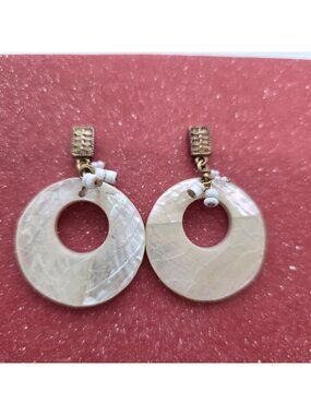 Acrylic Faux Mother Of Pearl & White Bead Hoop Earrings Vintage